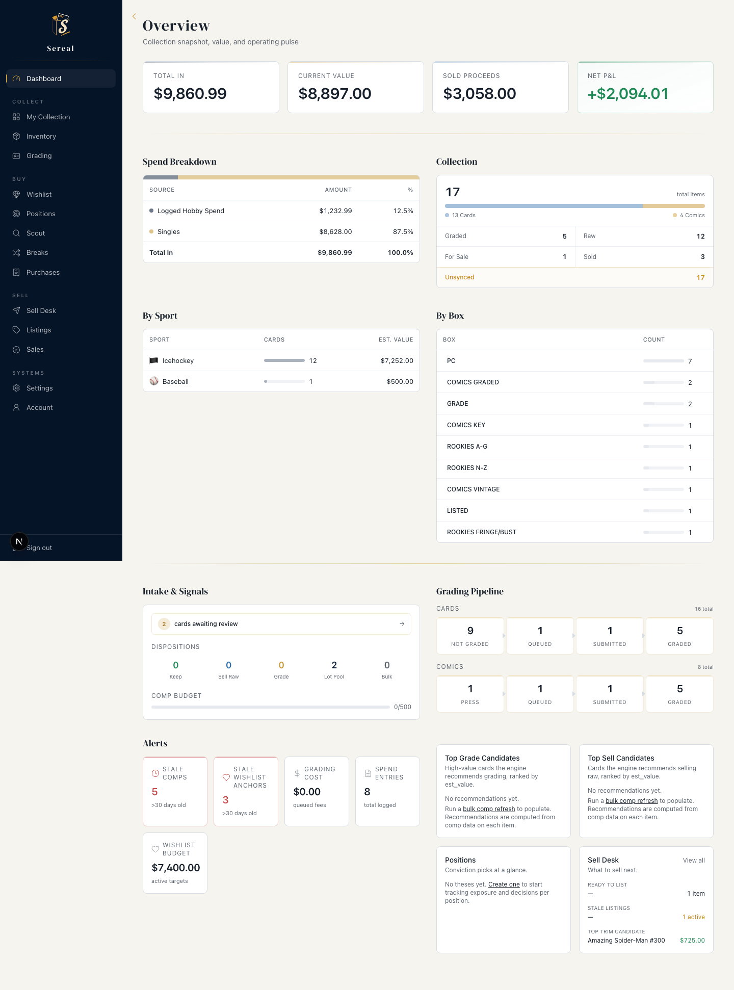 Sereal Dashboard screen