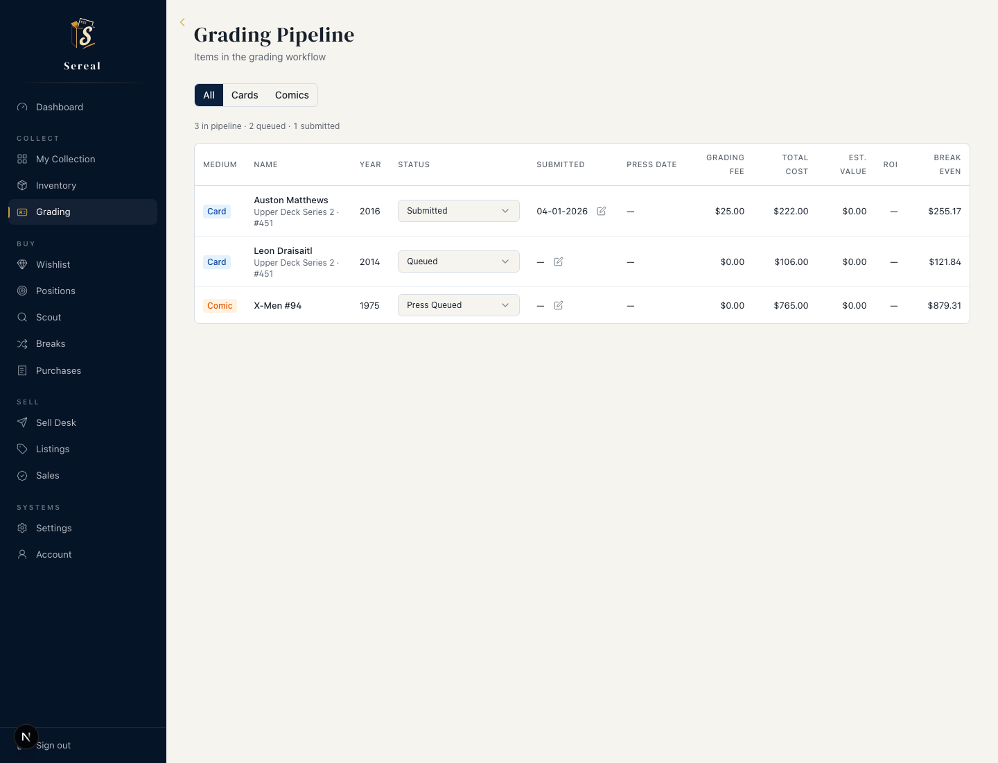 Sereal Grading screen